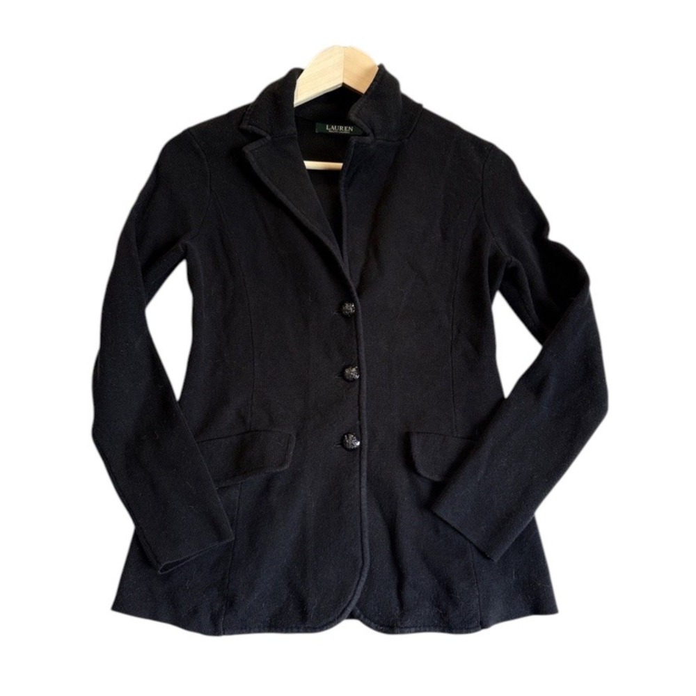 Lauren Ralph Lauren Blazer Women PXS Black Knit Cotton 3-Button Cardigan Jacket